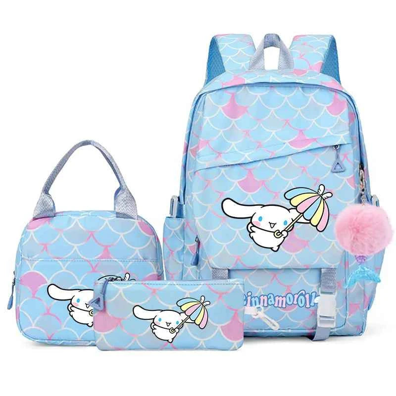 3PCS Cinnamoroll Fish Scale Backpack Set - Mermaid Pendant Lunch School Bag for Girls (17.7 in)