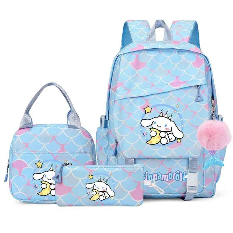3PCS Cinnamoroll Fish Scale Backpack Set - Mermaid Pendant Lunch School Bag for Girls (17.7 in)