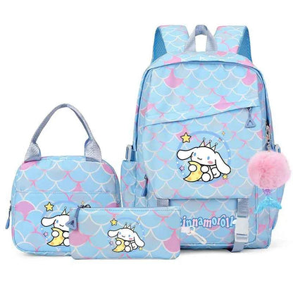 3PCS Cinnamoroll Fish Scale Backpack Set - Mermaid Pendant Lunch School Bag for Girls (17.7 in)