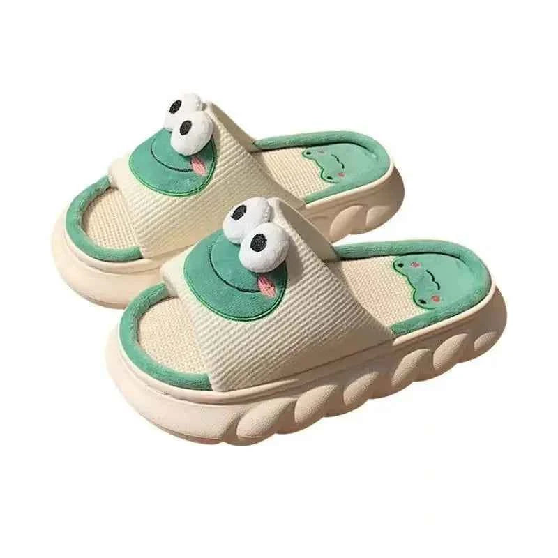 Frog Linen Slippers – Warm Indoor Home Slides with Thick Sole Anti-Slip for Women & Couples Green
