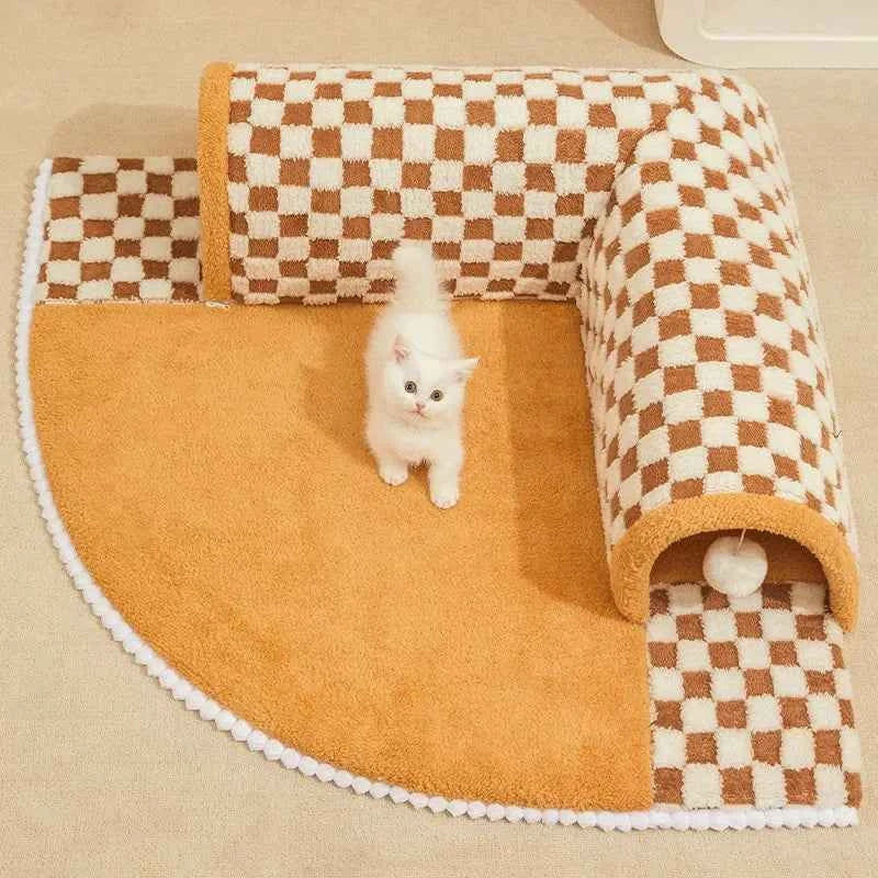 2-in-1 Cat Tunnel Bed (23.6 in) - Cute Plush Kitten Basket & Dog House Mat