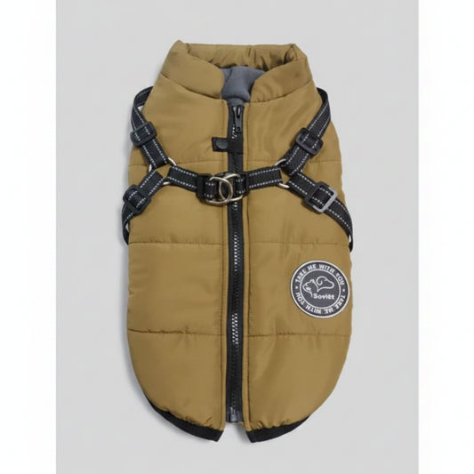 Waterproof Winter Dog Jacket Vest with Built-in Harness – Fleece Lined Coffee
