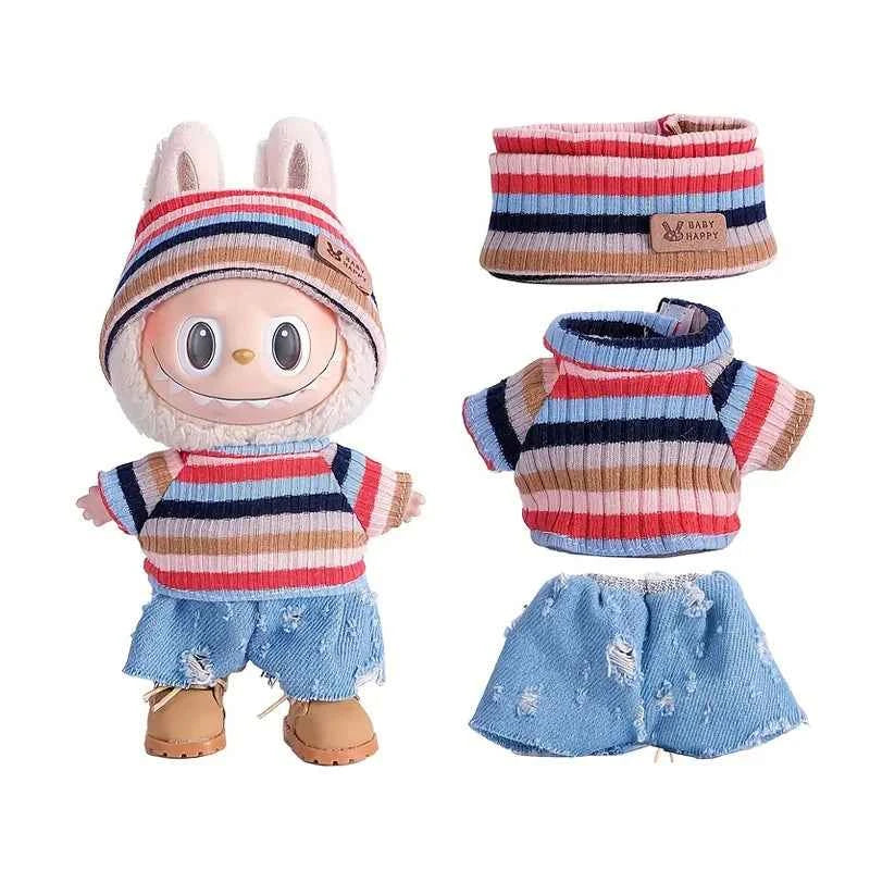 6.69inch Labubu Doll Clothes for buLabu with 3 Outfits - Stylish Fisherman Hat & Sweaters & Pants or skirt Set for 6.69inch Doll