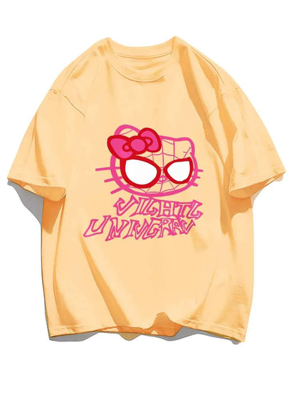 Cartoon Cat Spider Print Woman Tees Cotton High-Quality Tees Anime Loose T Shirts Outdoor Loose Fitting Short Sleeved