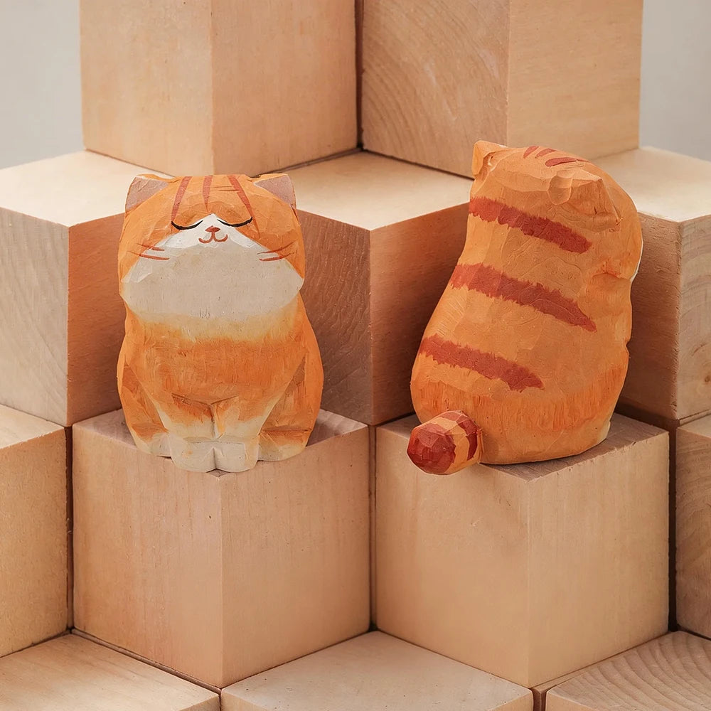Handcrafted wood carving kitten statue Desk accessories Cat Cat-01