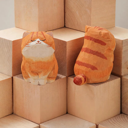 Handcrafted wood carving kitten statue Desk accessories Cat Cat-01