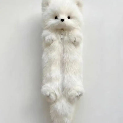 Kawaii Fox Plush Pencil Case - Fluffy Animal Zipper Pouch for School and Office, 2 Colors White 32cm (12.6in)