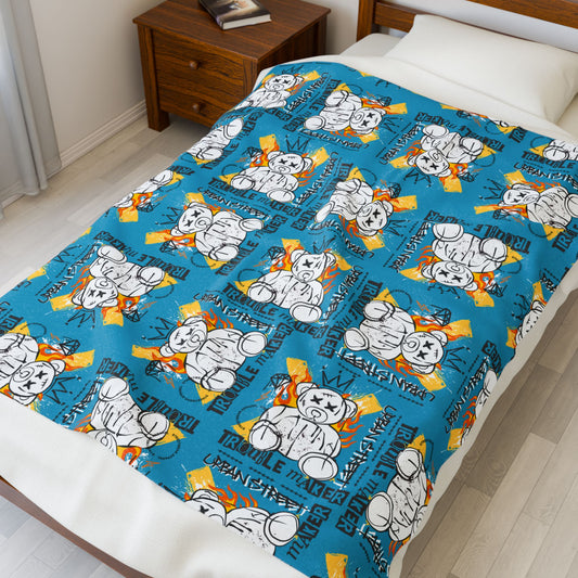 "Trouble Maker" Street Art Velveteen Plush Blanket – Soft Blue Throw with Flaming Bear – Edgy Urban Style Home Decor 50" × 60"