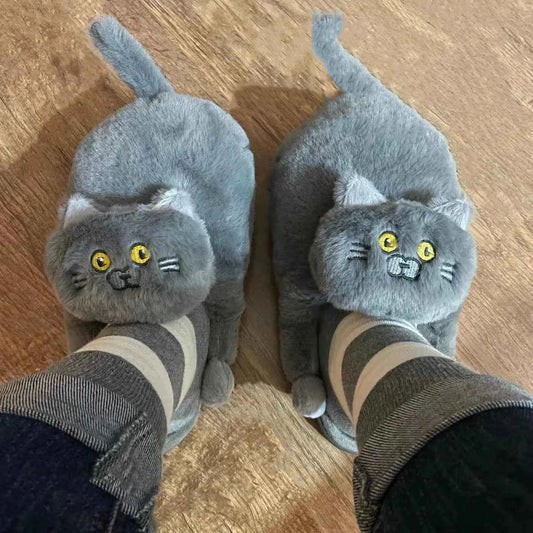 Cuddly Hug Cat Slippers Women Winter Home Fur Slides Kawaii