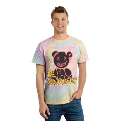 Unisex "Be Yourself" Tie Dye T-Shirt – Streetwear Graphic Tee with Edgy Bear & Positive Message – Soft Cotton Pastel Shirt Hazy Rainbow