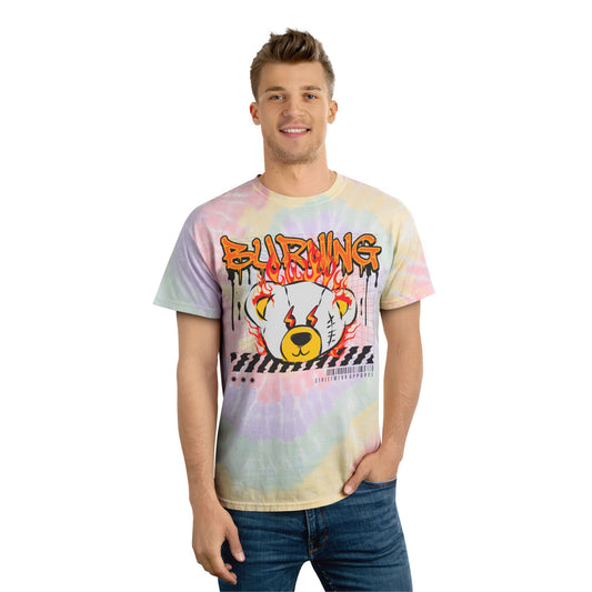 Unisex "Burning" Tie Dye T-Shirt – Streetwear Graphic Tee with Flaming Teddy Bear Head – Soft Cotton Pastel Shirt Hazy Rainbow