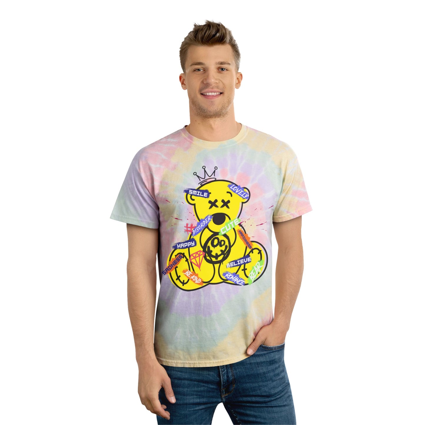 Unisex Emotional Collage Tie Dye T-Shirt – Streetwear Graphic Tee with "#Disorder" Teddy Bear – Soft Cotton Artistic Style