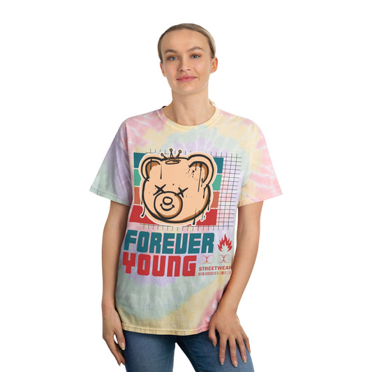Unisex "Forever Young" Tie Dye T-Shirt – Retro 90s Style Streetwear Graphic Tee with Teddy Bear – Soft Cotton Shirt Hazy Rainbow