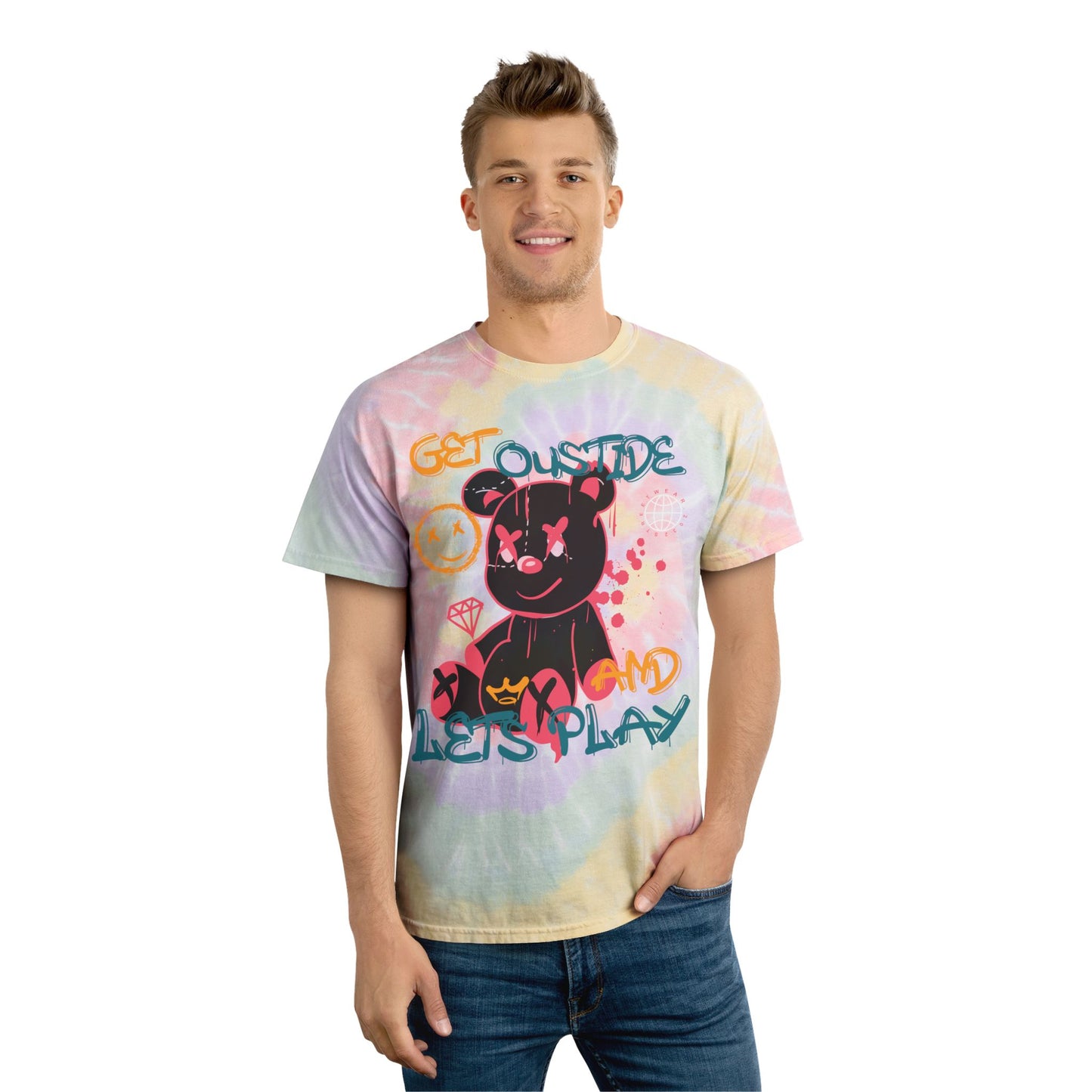 Unisex "Get Outside & Let's Play" Tie Dye T-Shirt – Playful Streetwear Graphic Tee with Edgy Teddy Bear – Soft Cotton Hazy Rainbow
