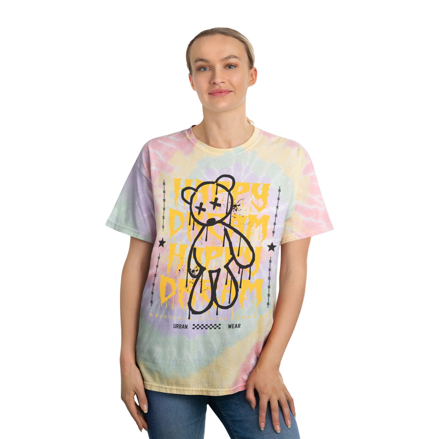 Unisex "Happy Dream" Tie Dye T-Shirt – Urban Street Art Graphic Tee with Drippy Teddy Bear – Soft Cotton Abstract Style Hazy Rainbow