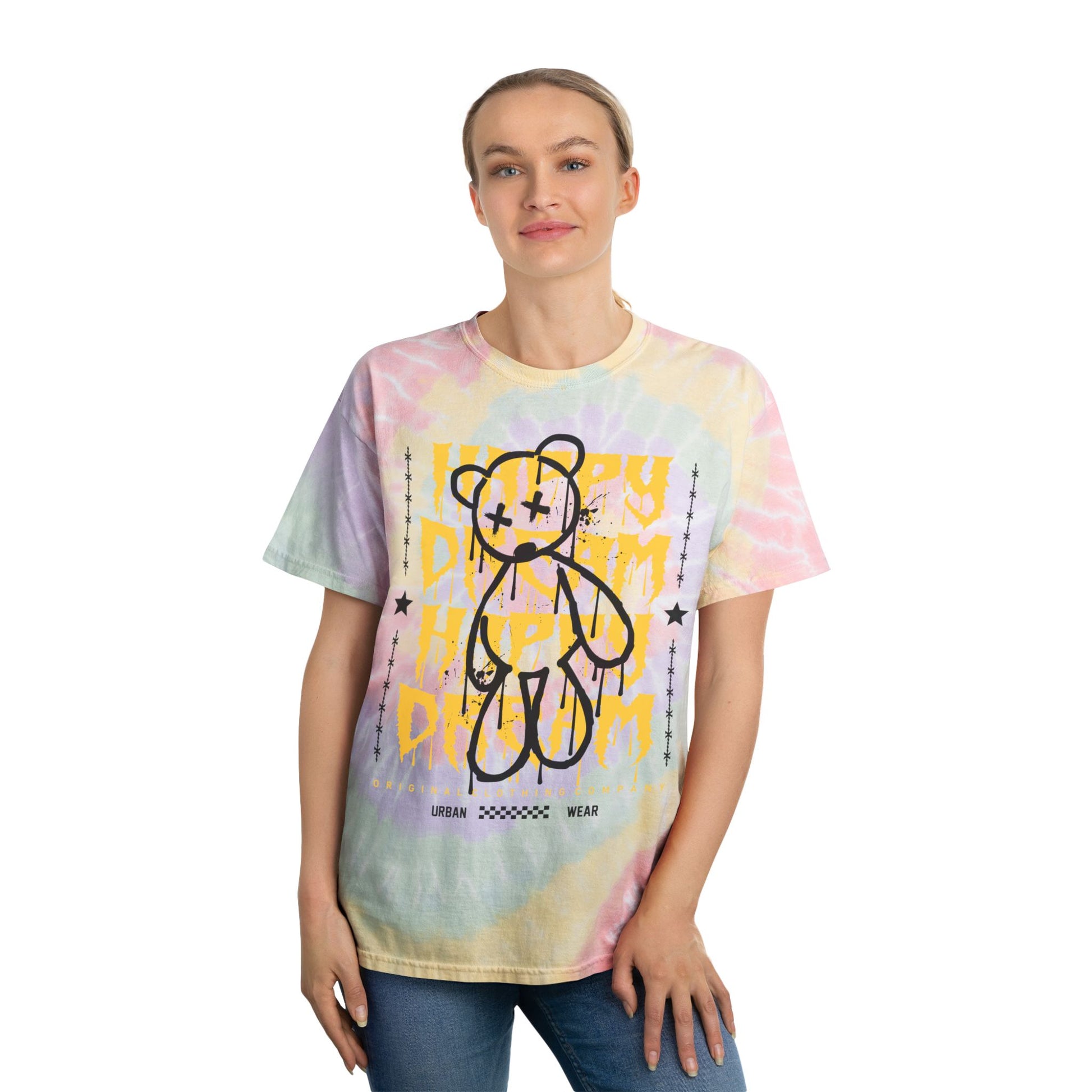 Unisex "Happy Dream" Tie Dye T-Shirt – Urban Street Art Graphic Tee with Drippy Teddy Bear – Soft Cotton Abstract Style Hazy Rainbow