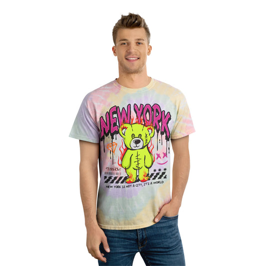 Unisex New York Tie Dye T-Shirt – NYC Streetwear Graphic Tee with Flaming Teddy Bear – Soft Cotton Souvenir Shirt Hazy Rainbow