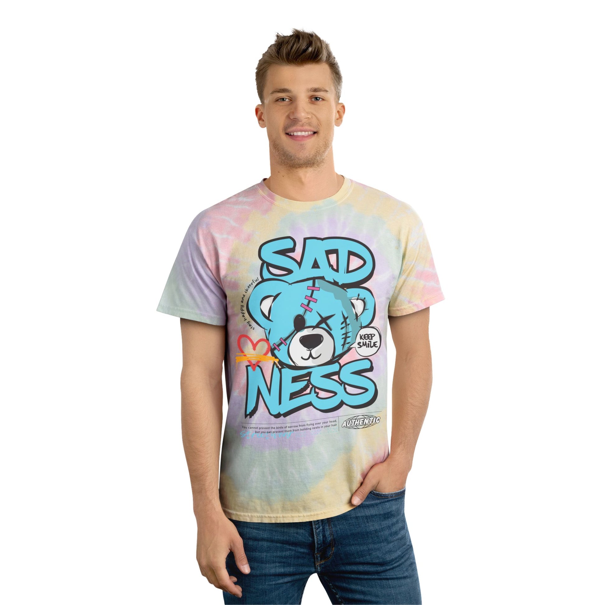 Unisex "Sadness" Tie Dye T-Shirt – Streetwear Graphic Tee with Blue Bear & "Keep Smile" Message – Soft Cotton Pastel Shirt Hazy Rainbow