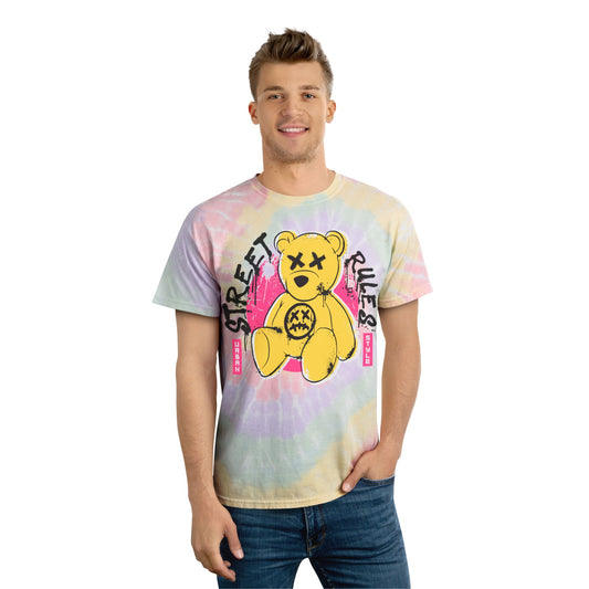 Unisex "Street Rules" Tie Dye T-Shirt – Urban Graffiti Style Graphic Tee with Yellow Teddy Bear – Soft Cotton Streetwear Hazy Rainbow
