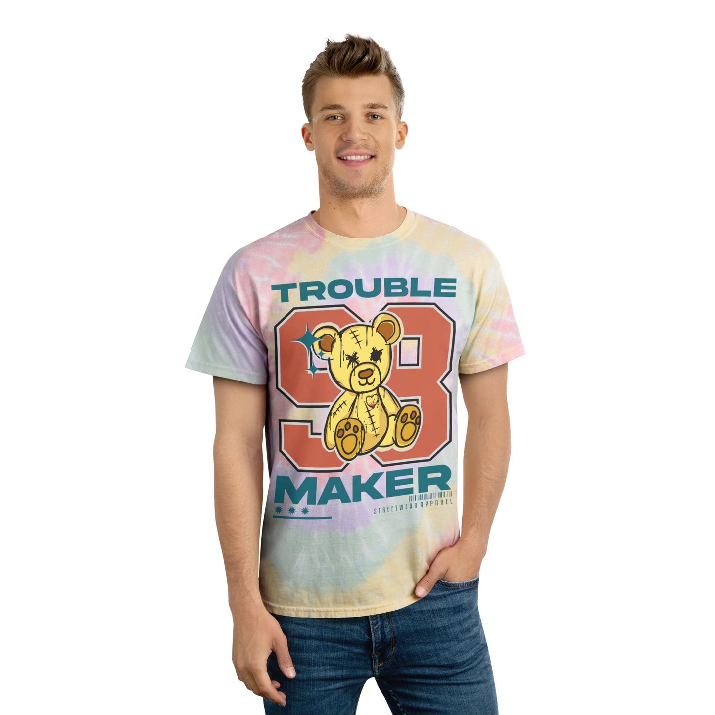 Unisex "Trouble Maker 98" Tie Dye T-Shirt – Y2K Style Streetwear Graphic Tee with Teddy Bear – Soft Cotton Pastel Shirt Hazy Rainbow