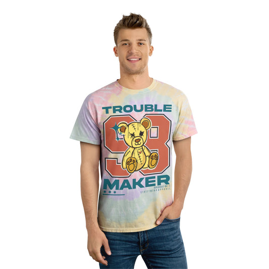 Unisex "Trouble Maker 98" Tie Dye T-Shirt – Y2K Style Streetwear Graphic Tee with Teddy Bear – Soft Cotton Pastel Shirt Hazy Rainbow