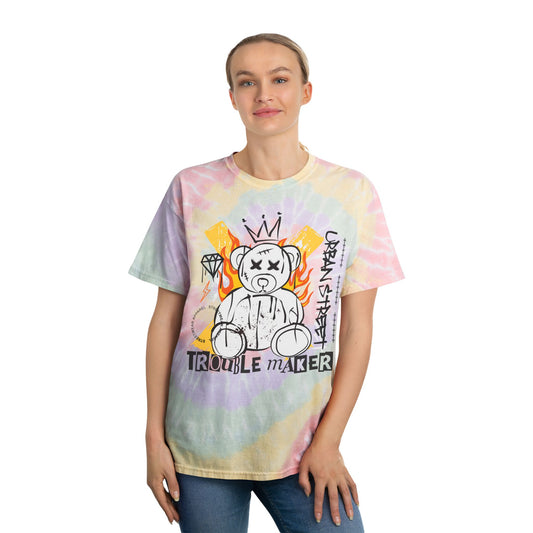 Unisex "Trouble Maker" Tie Dye T-Shirt – Urban Street Art Graphic Tee with Flaming Teddy Bear – Soft Cotton Edgy Style Hazy Rainbow
