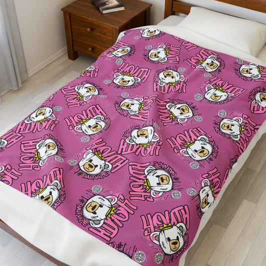 Youth Culture Bear Graphic Velveteen Plush Blanket – Soft Throw for Couch or Bed – Pink Urban Streetwear Home Decor 50" × 60"