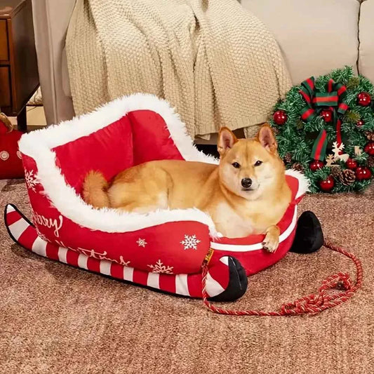 Christmas Sleigh Pet Bed – Removable Washable Plush Sofa with Non-Slip Base