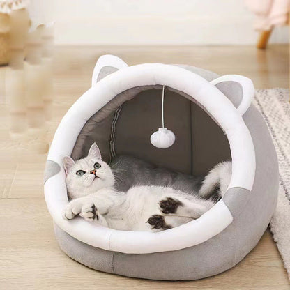 Winter pet cat house with velvet Bear