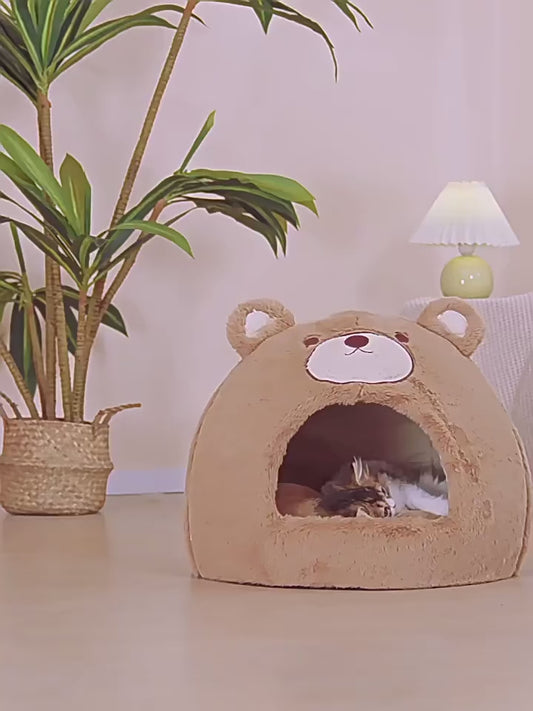 Kawaii Bear Cat Cave House – Soft Velvet & Plush Winter Warm Indoor Kitten Nest (S & M)
