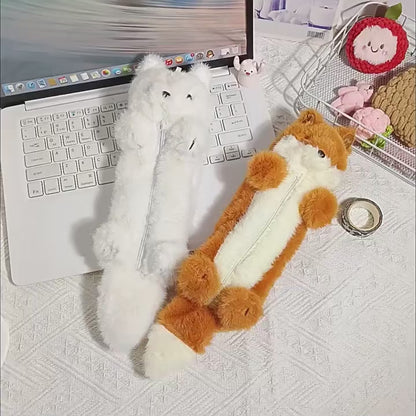 Kawaii Fox Plush Pencil Case - Fluffy Animal Zipper Pouch for School and Office, 2 Colors