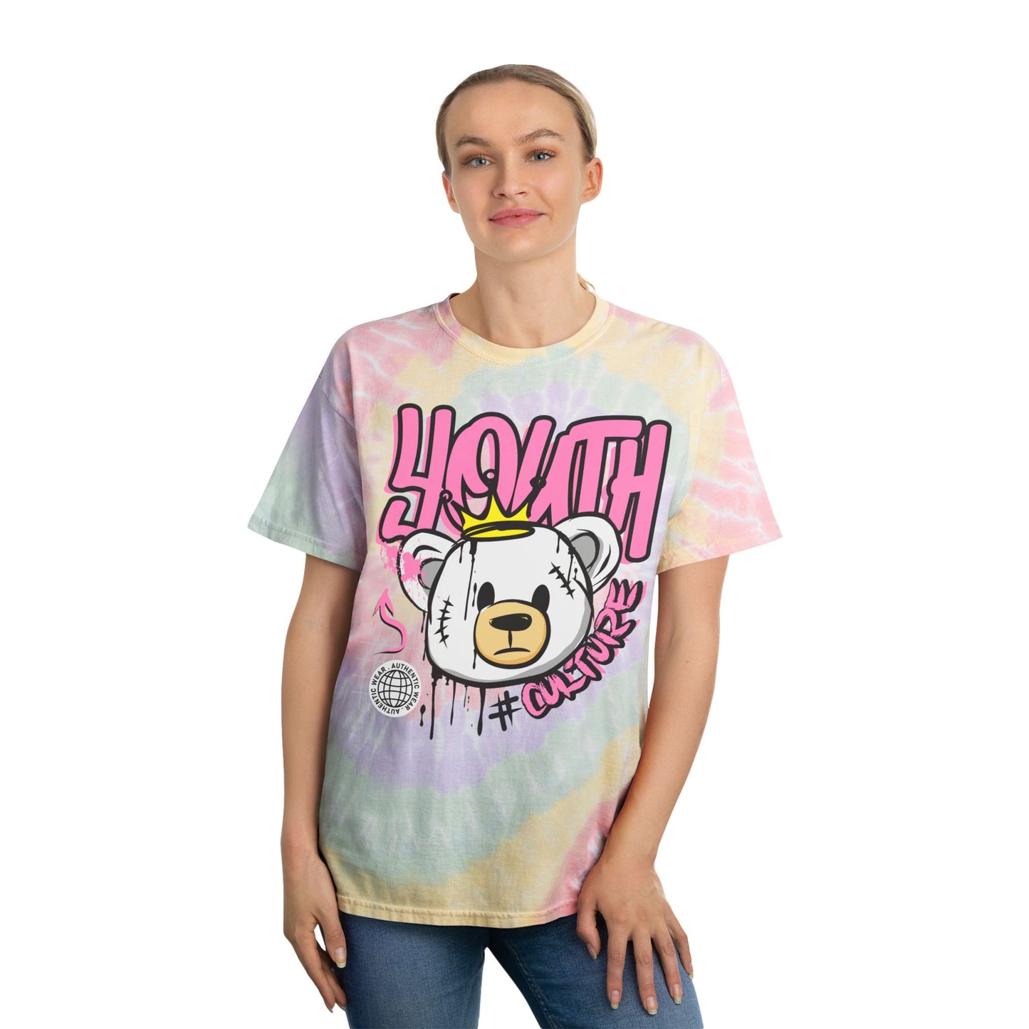 Unisex Pastel Tie Dye T-Shirt with Graffiti Bear Graphic – Soft Cotton Streetwear Tee for Festivals & Casual Wear – Youth Culture Style Hazy Rainbow