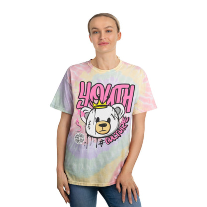 Unisex Pastel Tie Dye T-Shirt with Graffiti Bear Graphic – Soft Cotton Streetwear Tee for Festivals & Casual Wear – Youth Culture Style Hazy Rainbow